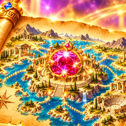 Wander Veil app icon: a golden map of ancient Greek temples around a glowing ruby